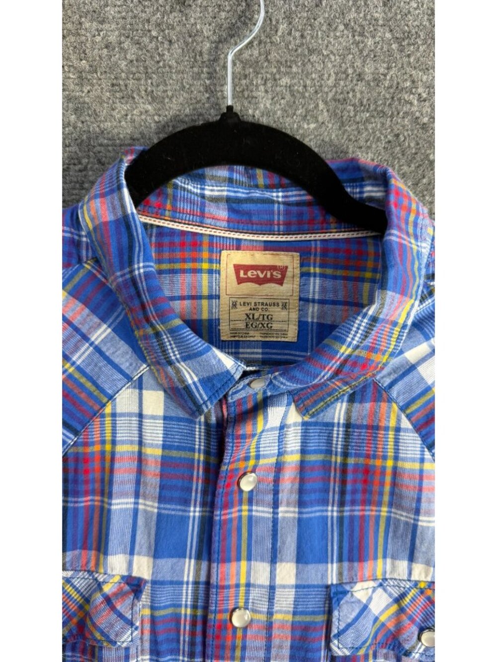Levis Mens XL Blue Plaid Western Pearl Snap Short Sleeve Shirt